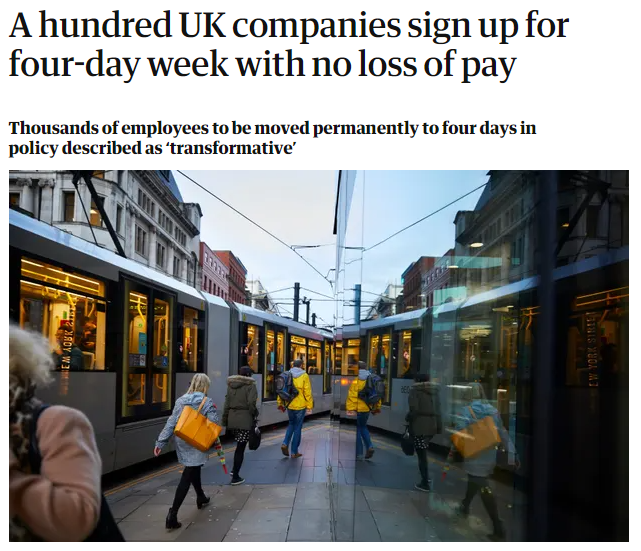 100家英国公司已经签署了一项永久性的四天工作协议，且承诺所有员工都不会减薪